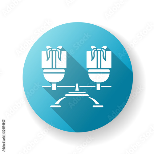 Mutual benefit blue flat design long shadow glyph icon. Equality in relationship. Equal friendship, interpersonal relations symbo. Scale with presents in balance Silhouette RGB color illustration