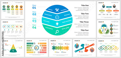 Colorful workflow or research concept infographic charts set. Business design elements for presentation slide templates. Can be used for financial report, workflow layout and brochure design.