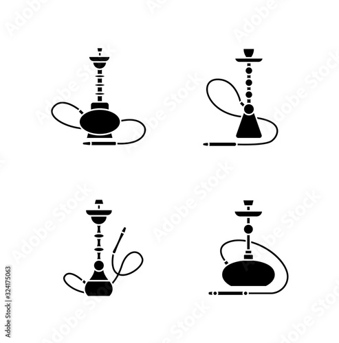 Hookah black glyph icons set on white space. Amusement with friends. Sheesha house. Nargile lounge. Odor from pipe. Scent of vaporizing. Smoking area. Silhouette symbols. Vector isolated illustration