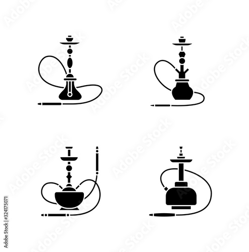 Hookah black glyph icons set on white space. Ceremony utensil. Sheesha house. Nargile lounge. Odor from pipe. Scent of vaporizing. Smoking area. Silhouette symbols. Vector isolated illustration