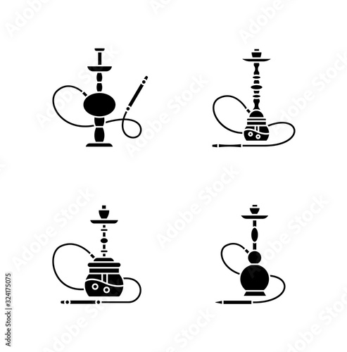 Hookah black glyph icons set on white space. Hooka bar for peaceful leisure. Sheesha house. Nargile lounge. Odor from pipe. Scent of vaporizing. Silhouette symbols. Vector isolated illustration