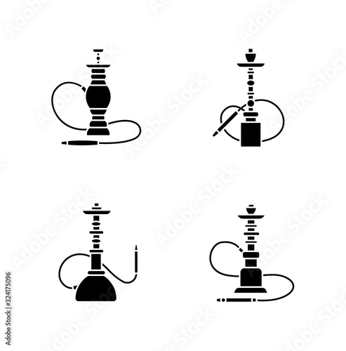 Hookah black glyph icons set on white space. Nargila option. Sheesha house. Popular souvenir. Odor from pipe. Scent of vaporizing. Smoking area. Silhouette symbols. Vector isolated illustration