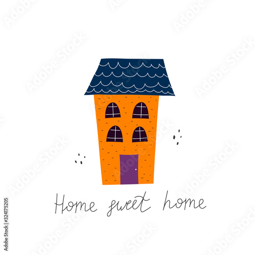 home sweet home. cartoon house, hand drawing lettering, decor elements. colorful illustration for kids, flat style. calligraphic font, phrase. baby design for cards, t-shirt print, poster
