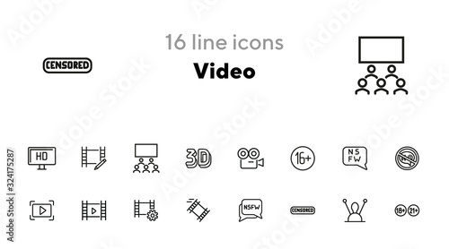 Video line icon set. Set of line icons on white background. Blogging concept. Camera, play, button, chat. Vector illustration can be used for topics like video, blogging, creating