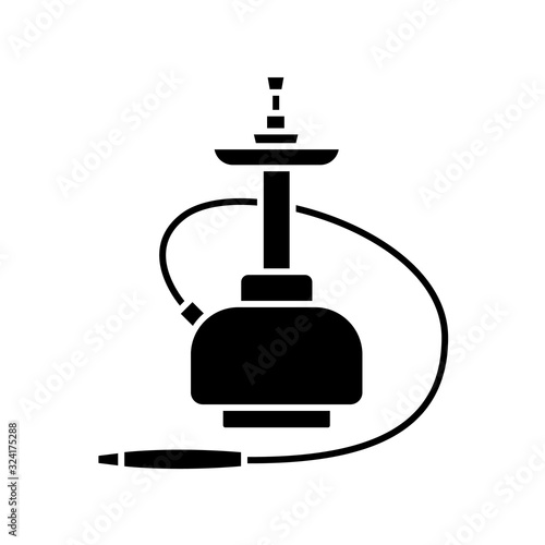 Hookah black glyph icon. Sheesha house. Hooka and shisha menu. Nargile lounge. Odor from pipe. Scent of vaporizing. Smoking area. Silhouette symbol on white space. Vector isolated illustration
