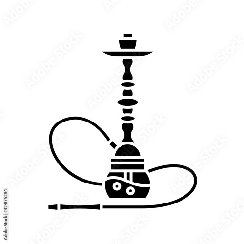 Hookah black glyph icon. Sheesha house. Object to inhale nicotine. Nargile lounge. Odor from pipe. Scent of vaporizing. Smoking area. Silhouette symbol on white space. Vector isolated illustration