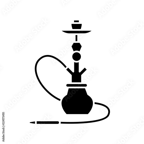 Hookah black glyph icon. Sheesha house. Hooka accessories shop. Nargile lounge. Odor from pipe. Scent of vaporizing. Smoking area. Silhouette symbol on white space. Vector isolated illustration