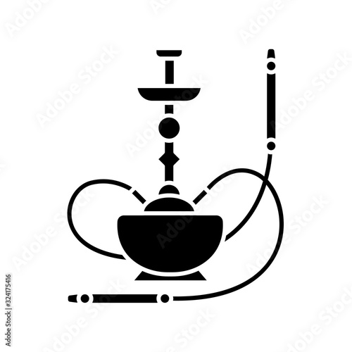 Hookah black glyph icon. Sheesha house. Nargile lounge. Odor from pipe. Scent of vaporizing. Smoking area. Round bowl base. Silhouette symbol on white space. Vector isolated illustration