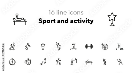 Sport and activity icons. Set of line icons on white background. Stop watch, sportsman. Active lifestyle concept. Vector illustration can be used for topics like competition, swimming, boxing