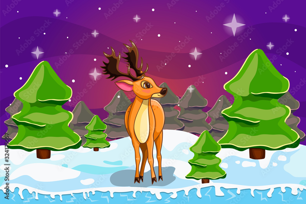 Winter landscape with Christmas tree and deer Winter landscape with Christmas tree and deer