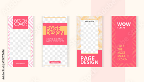Set templates for design of social networks, story and print with windows for images. Modern pastel pink style with yellow stripes.