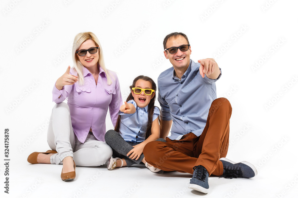 A young family with glasses white background