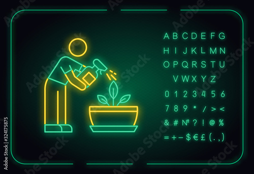 Spraying plants neon light icon. Misting. Moisturizing, rehydrating, moistening. Outer glowing effect. Sign with alphabet, numbers and symbols. Vector isolated RGB color illustration