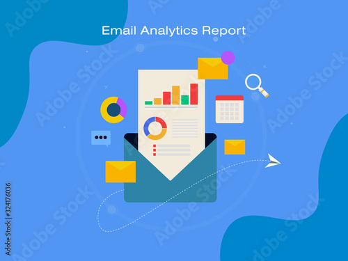 Business analytics report in an envelope, email marketing and data analysis report, email campaign monitoring concept. Web banner template, internet and technology.