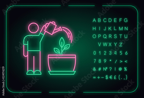 Watering sapling neon light icon. Moisturizing, rehydrating potting soil. Moistening plants. Outer glowing effect. Sign with alphabet, numbers and symbols. Vector isolated RGB color illustration