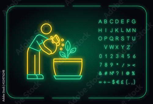 Fertilizing seedling neon light icon. Feeding sapling. Gardening. Growth supplements, amendments. Outer glowing effect. Sign with alphabet, numbers and symbols. Vector isolated RGB color illustration
