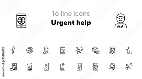 Urgent help line icon set. Patient, pills, prescription. Healthcare concept. Can be used for topics like medical assistance, first aid, consulting