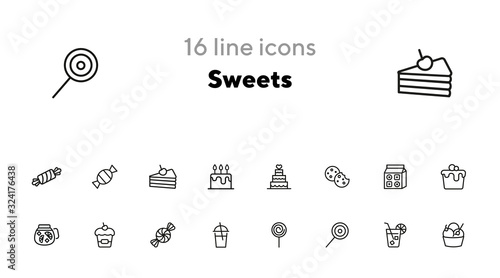Sweets line icon set. Set of line icons on white background. Cupcake, caramel, lemonade. Food concept. Vector illustration can be used for topics like confectionery, sweet shop, bakery