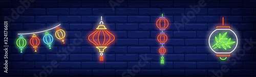Eastern New Year lanterns neon sign set. Chinese hanging lamps, garlands, green leaves. Vector illustration in neon style, bright banner for topics like holiday, celebration, culture