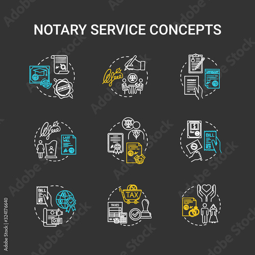 Notary services chalk RGB color concept icons set. Legislation and public regulation. Certificate, guarantee. Common law idea. Vector isolated chalkboard illustrations on black background