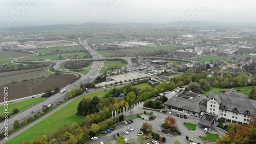 Aerial drone 8x timelapse of highway traffic in Egerkingen, Switzerland photo