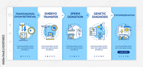 Reproductive technology onboarding vector template. Transvaginal ovum retrieval. Cryopreservation. Responsive mobile website with icons. Webpage walkthrough step screens. RGB color concept