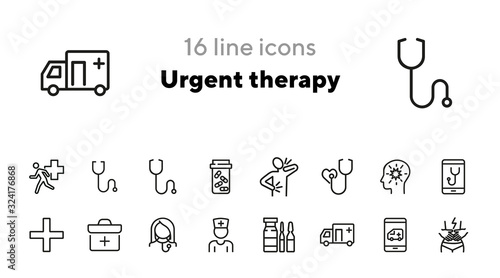 Urgent therapy line icon set. Ambulance car, stethoscope, pain. Medicine concept. Can be used for topics like emergency, first aid, medical help