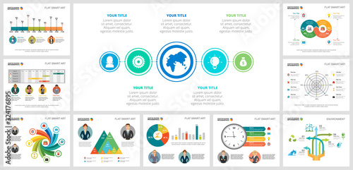 Colorful analysis and ecology concept infographic charts set. Business design elements for presentation slide templates. For corporate report, advertising, leaflet layout and poster design.