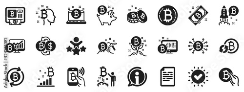 Set of Blockchain, Crypto ICO start up and Bitcoin icons. Cryptocurrency icons. Mining, Cryptocurrency exchange, gold pickaxe. Bitcoin ATM, crypto coins, financial ico markets, blockchain. Vector