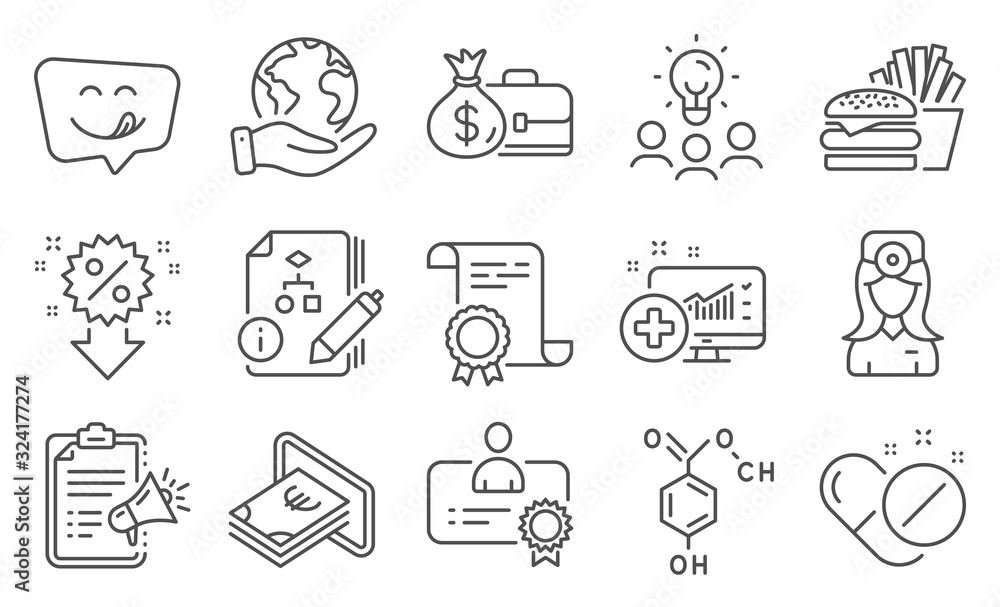 Set of Business icons, such as Medical pills, Burger. Diploma, ideas, save planet. Algorithm, Discount, Megaphone checklist. Medical analytics, Cash, Yummy smile. Vector Set of Business icons, such as Medical pills, Burger. Diploma, ideas, save planet. Algorithm, Discount, Megaphone checklist. Medical analytics, Cash, Yummy smile. Vector