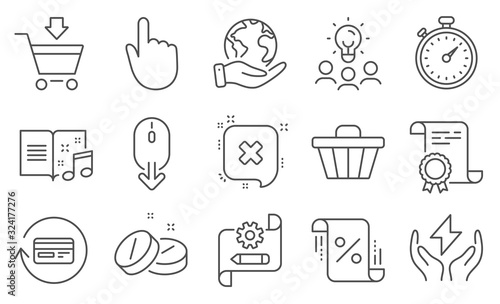 Set of Business icons, such as Music book, Loan percent. Diploma, ideas, save planet. Hand click, Scroll down, Refund commission. Online market, Timer, Safe energy. Vector