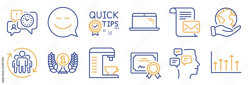 Set of Business icons, such as Time management, Growth chart. Certificate, save planet. Quick tips, Messages, Smile. Teamwork, Mail letter, Laureate award. Laptop, Coffee machine line icons. Vector Set of Business icons, such as Time management, Growth chart. Certificate, save planet. Quick tips, Messages, Smile. Teamwork, Mail letter, Laureate award. Laptop, Coffee machine line icons. Vector