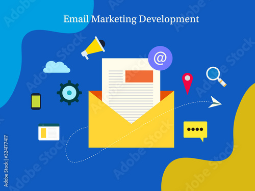 Email development, email marketing, digital strategy for brand promotion and audience communication, newsletter advertising campaign development concept. Web banner template.