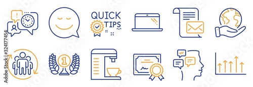 Set of Business icons, such as Time management, Growth chart. Certificate, save planet. Quick tips, Messages, Smile. Teamwork, Mail letter, Laureate award. Laptop, Coffee machine line icons. Vector