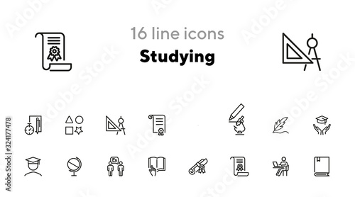 Studying line icon set. Microscope, graduation hat, book, diploma. Education concept. Can be used for topics like school, college, university, learning