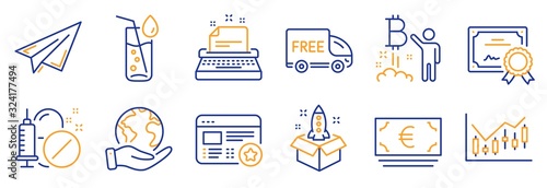 Set of Business icons, such as Water glass, Startup. Certificate, save planet. Paper plane, Favorite, Bitcoin project. Typewriter, Euro currency, Medical drugs. Vector