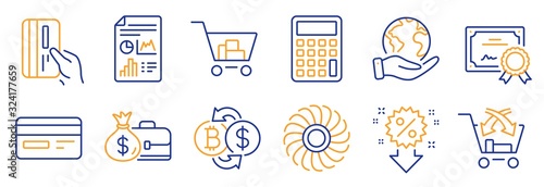 Set of Finance icons, such as Salary, Calculator. Certificate, save planet. Bitcoin exchange, Credit card, Internet shopping. Report document, Cross sell, Discount. Vector