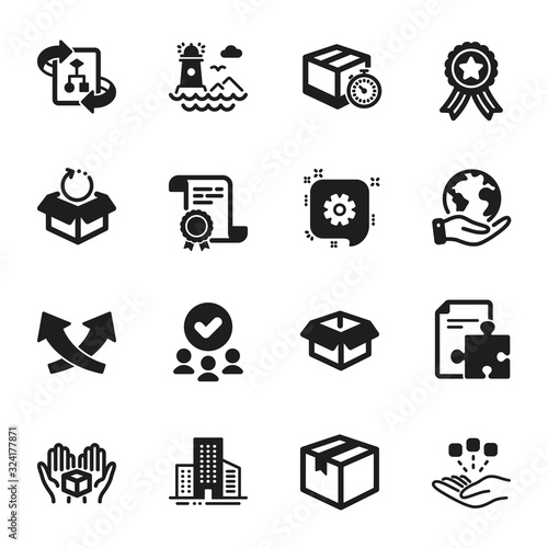 Set of Industrial icons, such as Parcel, Intersection arrows. Certificate, approved group, save planet. Buildings, Technical algorithm, Delivery timer. Strategy, Consolidation, Hold box. Vector