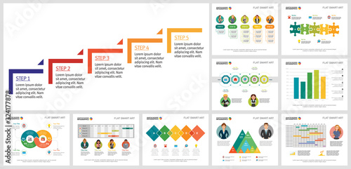 Collage of marketing or production concept infographic charts. Can be used for annual report, presentation slide, web design. Business and accounting concept with process, timeline and cycle charts