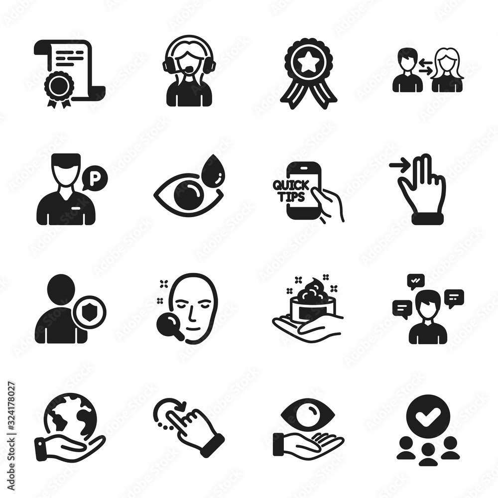 Set of People icons, such as Support, Rotation gesture. Certificate, approved group, save planet. Face search, Conversation messages, Education. Eye drops, Security, Valet servant. Vector Set of People icons, such as Support, Rotation gesture. Certificate, approved group, save planet. Face search, Conversation messages, Education. Eye drops, Security, Valet servant. Vector