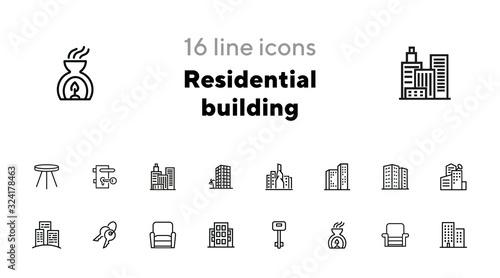 Residential building icons. Set of line icons. Key, residential district, cityscape. Housing development. Vector illustration can be used for topics like mortgage, rent, construction