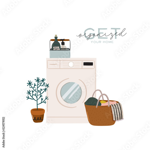 Stylish Scandinavian bathroom interior - bidet,tap, bath,toilet, sink, home decorations. Cozy modern comfy apartment furnished in Hygge style. Vector illustration
