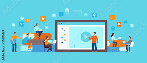 Vector illustration in flat simple style with characters - online education concept - students studying and learning using online platform and video course