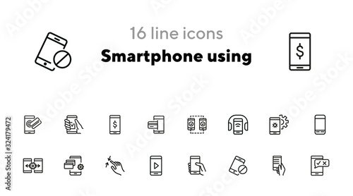 Smartphone using line icon set. Headphone, credit card, pinch. Electronic devices concept. Can be used for topics like manual, gadget features, online payment