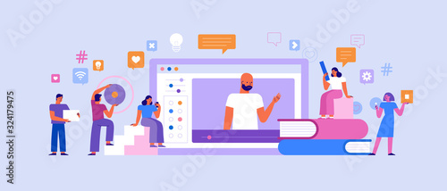 Vector illustration in flat simple style with characters - online education concept - students studying and learning using online platform and video course