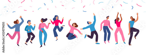 Vector illustration in flat simple style - happy jumping team - smiling men and women dancing