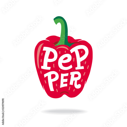 Vegetable Bell pepper Lettering. Hand drawn vector flat cartoon illustration on isolated white background. Great vegetable vector for sauce salad, ketchup. Healthy food, vegetarian.