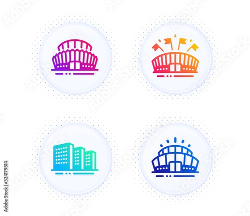 Sports arena, Buildings and Sports stadium icons simple set. Button with halftone dots. Arena stadium sign. City architecture, Sport complex. Buildings set. Gradient flat sports arena icon. Vector