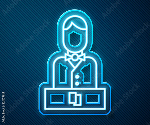 Glowing neon line Casino dealer icon isolated on blue background. Casino croupier. Vector Illustration