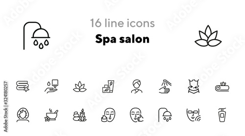 Spa salon line icon set. Massage, shower, candle. Relaxation concept. Can be used for topics like beauty, recovery, resort, skin care